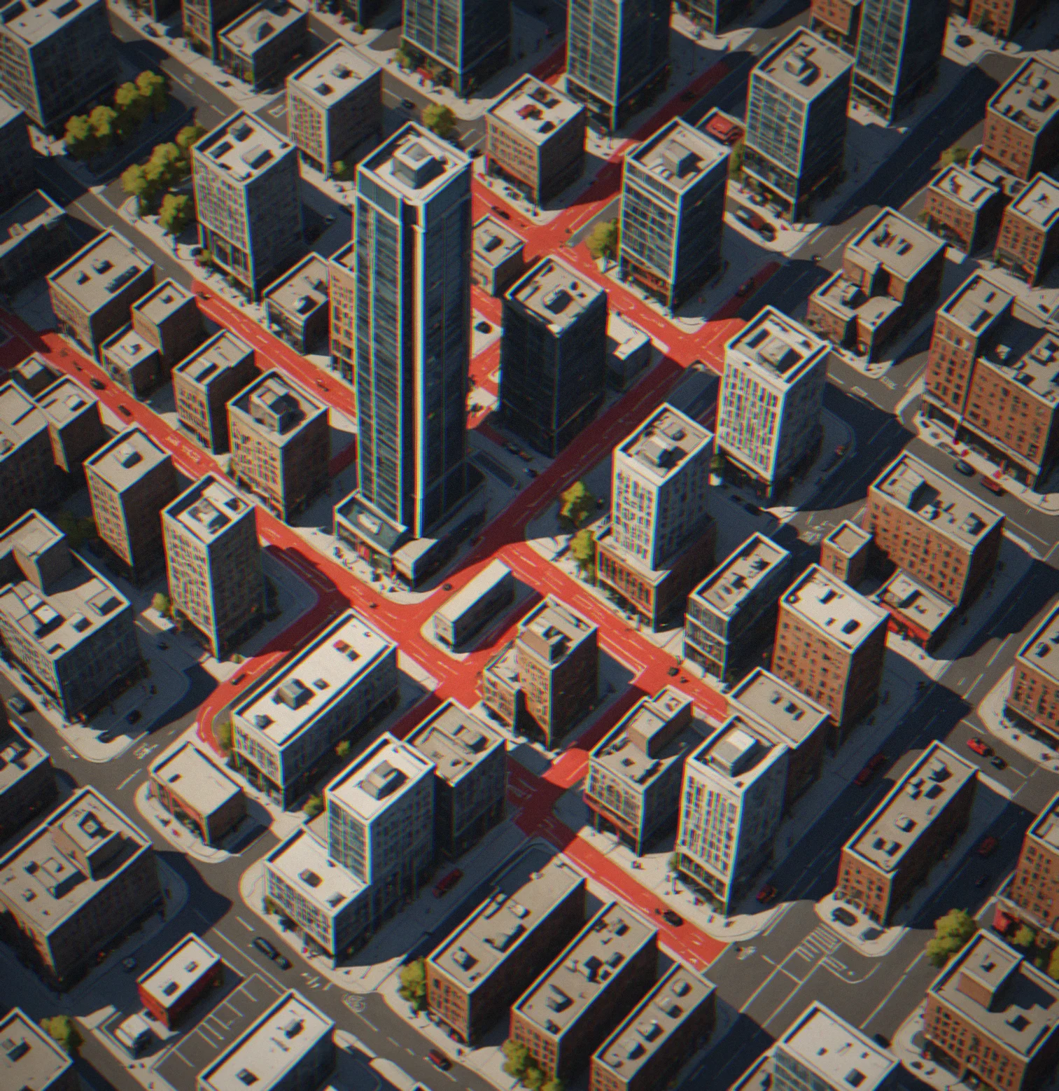 Hand-drawn map of downtown showing delivery stops packed tightly around office towers and shops, with three delivery hubs marked in red throughout the area