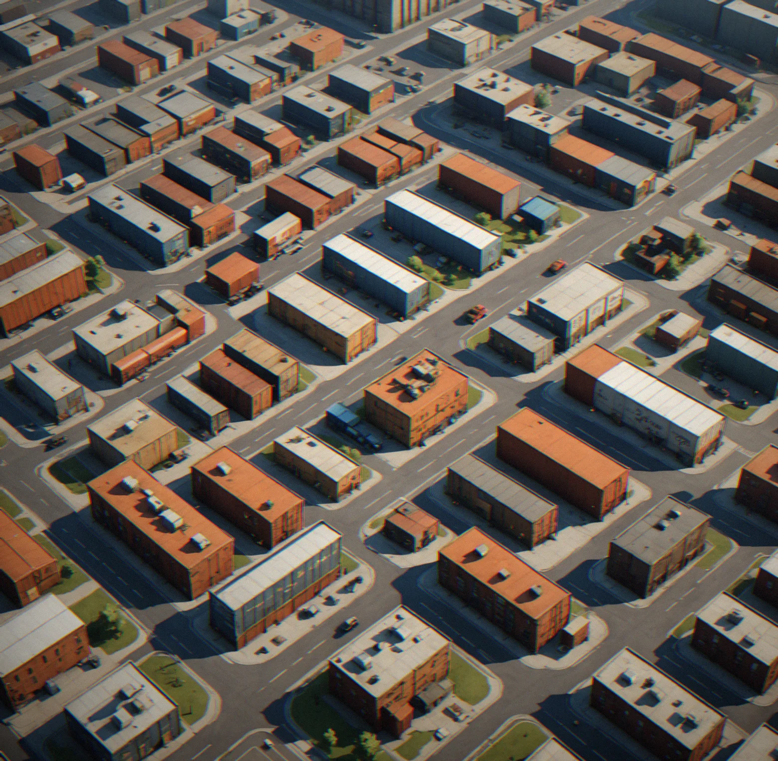 Warehouse district laid out with sparse delivery stops spread across industrial areas, large distribution centers, rail lines, and plenty of open space between stops